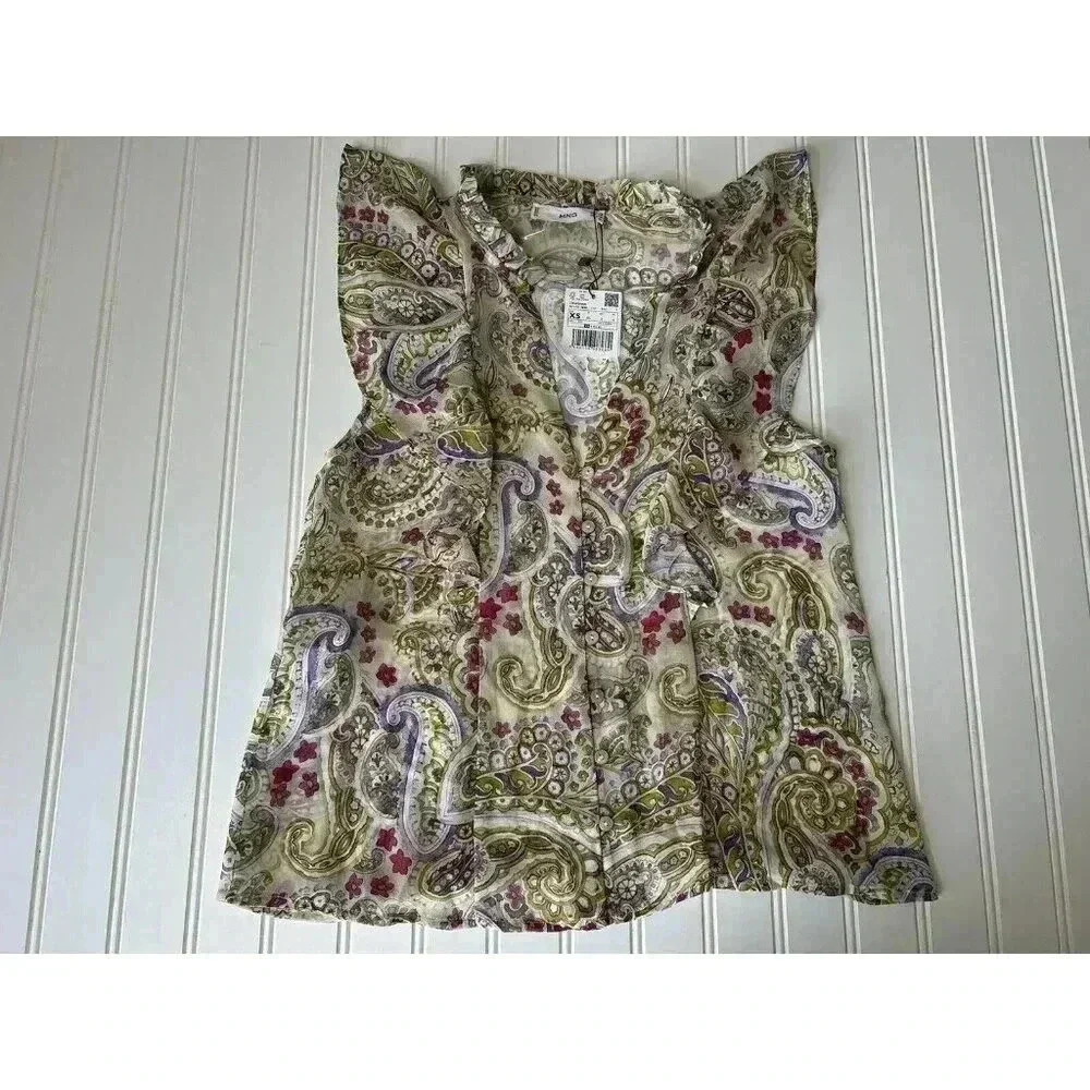 MNG Mango Women's Sleeveless Ruffle Blouse Top XS NEW